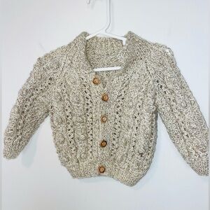 Hand Knit Baby Aran Cardigan beige fleck Cable Knit sweater 12 Mo infant toddler